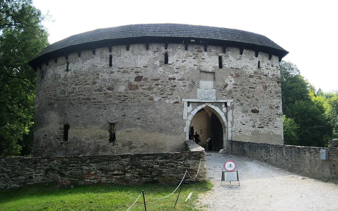 The fortified barbican gatehouse at Pernštejn Castle, its walls three metres thick