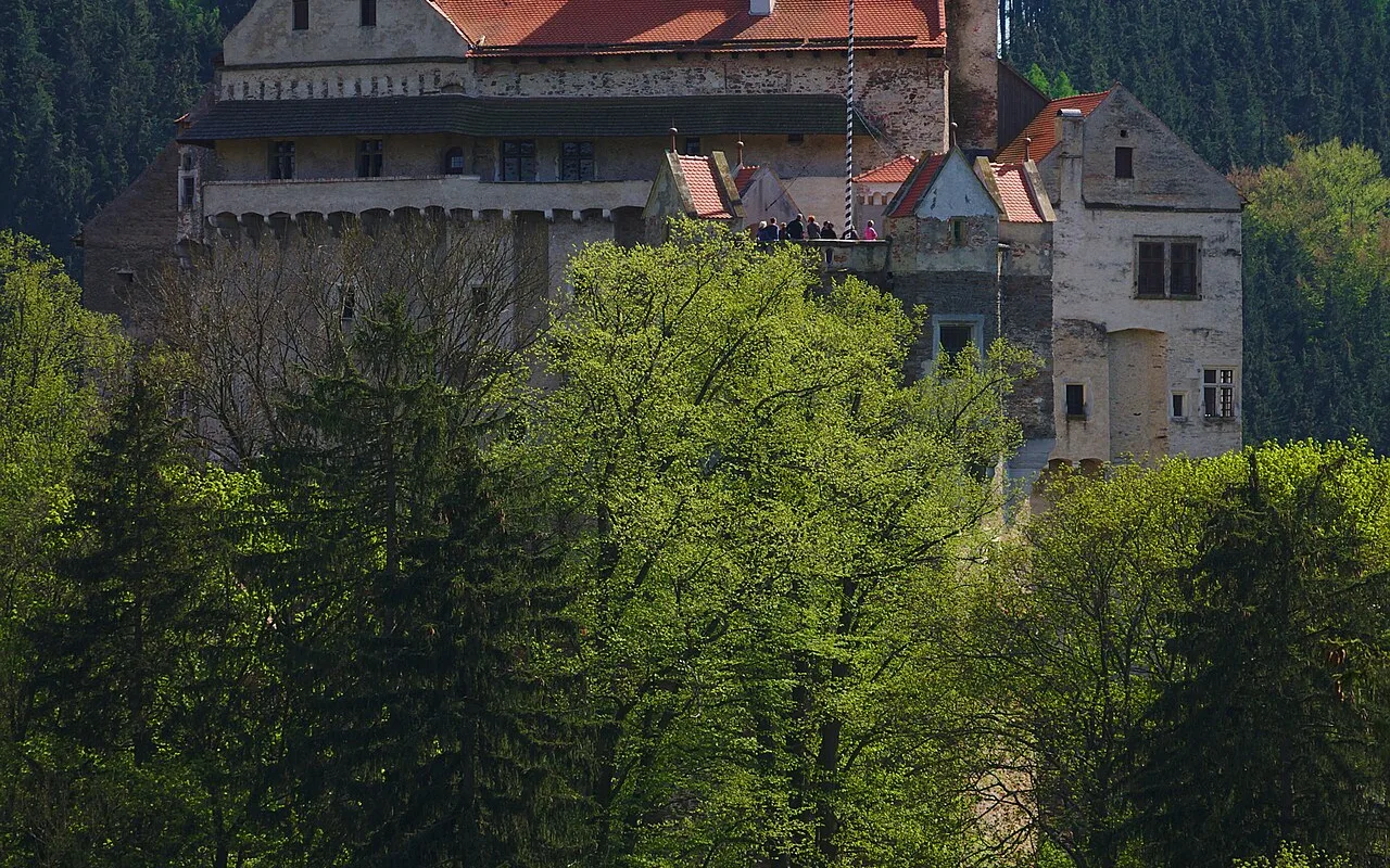Pernštejn Castle's pale towers seen from below, rising above the forested Svratka valley